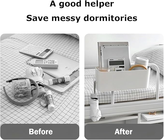 Bedside Caddy Hanging Basket Organizer with Hooks Dorm Bunk Beds Shelf Night Table Storage Holder for Remote Controls Magazines Phone Glasses Bottle (White)