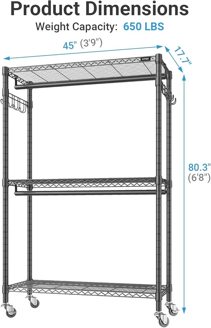 VIPEK R2C Plus Heavy Duty Rolling Garment Rack with Cover Clothing Racks for Hanging Clothes Portable Closets with Adjustable 3 Wire Shelves, Double Rods, Black Rack with Grey Upgraded Polyester Cover