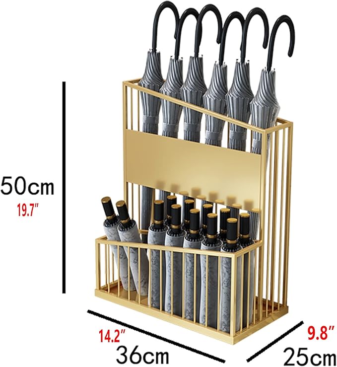 2 Tier Metal Umbrella Stand Umbrella Holder, Large-Capacity Commercial Umbrella Stand Umbrella Holder for Hotel Offices, Entrance Umbrella Organizer (Color : Gold, Size : 36x25x50cm)