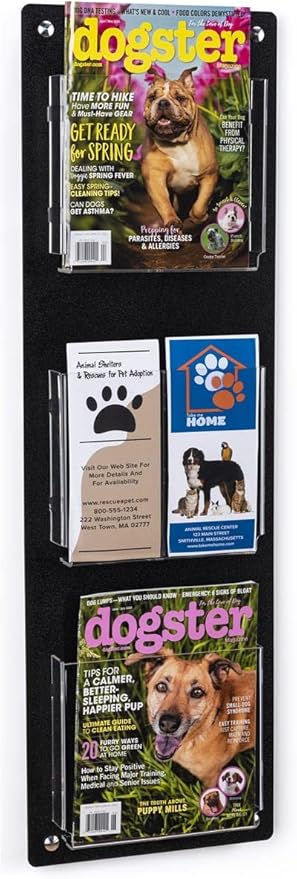 Displays2go Tiered Magazine Holder for Wall, 3-6 Adjustable Pockets, Frameless Acrylic - Black (2RP3BLK)