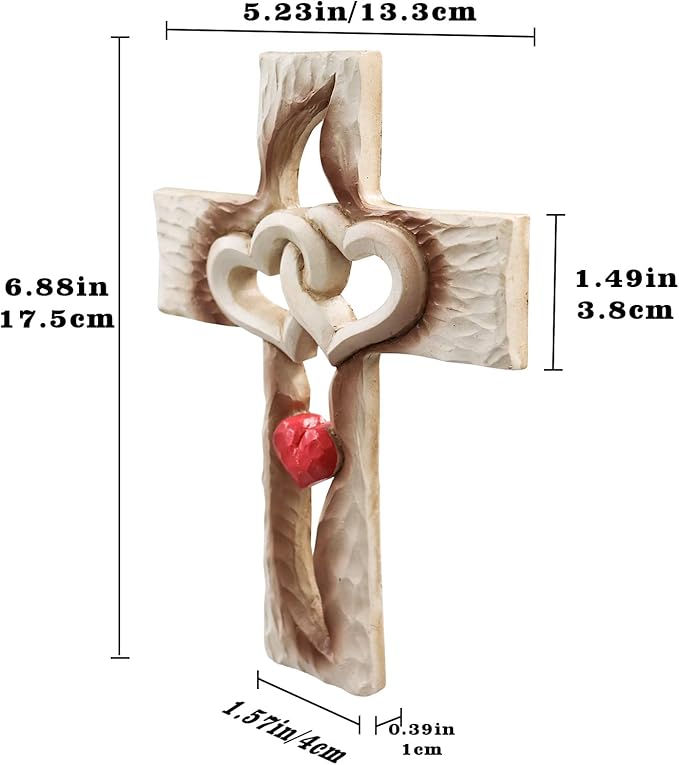 Oooct Carved Cross, Resin Cross Wall Decor, Intertwined Hearts & Never Separates Love, Great Christian Gift, Wall Art Gift, Home Living Room Decor - 6.88 × 5.23 Inch