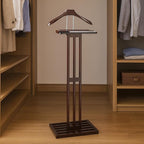 Proman Products VL16220 Freestanding Wardrobe Wooden Valet Stand Rack with Tie Hook, Hanger, Tray, Dark Mahogany