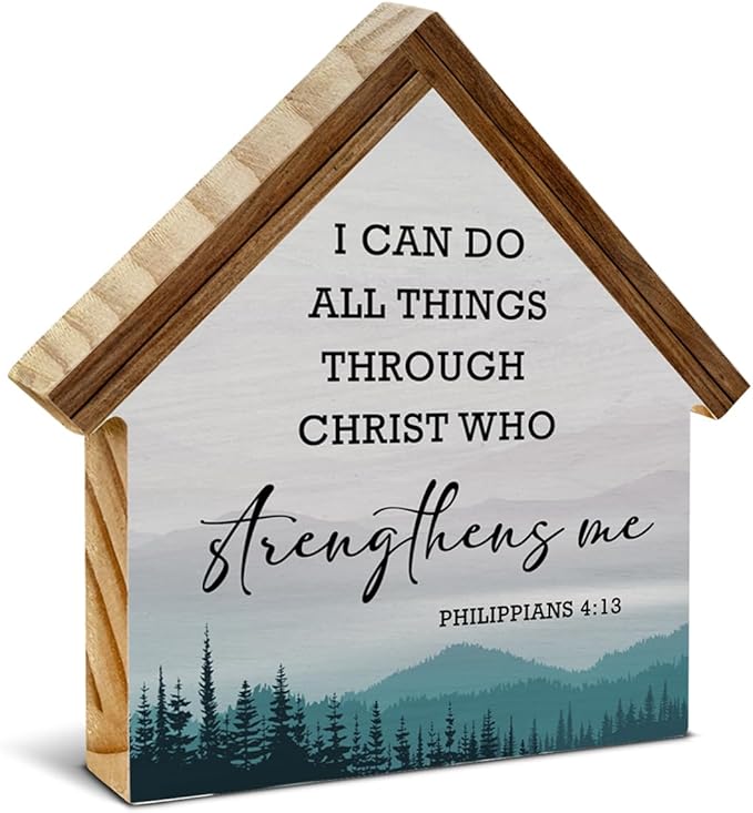 I Can Do All Things Through Christ Christian Bible Verse Decor, Philippians 4:13 House Shaped Wood Sign, Christian Home Office Room Decor
