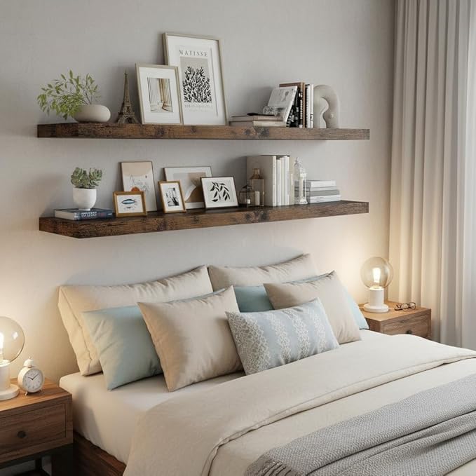 Vivelove 12" Deep Floating Shelves for Wall 55" Long, Wall Shelves for Living Room Bedroom Bathroom Kitchen Laundry Room, Farmhouse Rustic Shelves for Home Decor, 55" X 12" X 2" Set Of 2, Rustic Brown