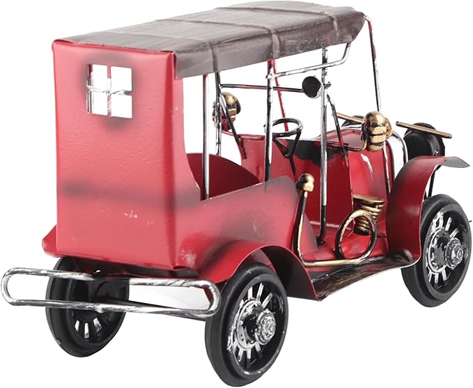 Vintage Classic Car Model Miniature, Old Vintage Car Desktop Decor, Red Tin Alloy Retro Automobile Ornament with Authentic Details for Home Office Bar Cafe Wedding Party