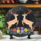 Decorative Plates for Display 8" Symmetrical Deer Floral Arrangement Starry Night Sky Ceramic Ornament with Display Stand and Hook Up for Wall Decor Hanging Festival Wedding Gift