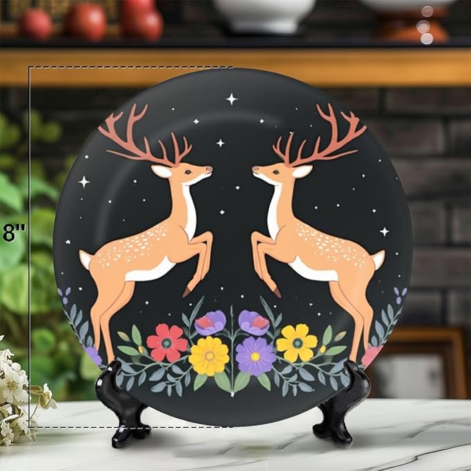 Decorative Plates for Display 8" Symmetrical Deer Floral Arrangement Starry Night Sky Ceramic Ornament with Display Stand and Hook Up for Wall Decor Hanging Festival Wedding Gift