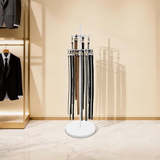 Floor Standing Belt Display, 66 Inch Tie Rack Belt Display Shelf with 31 Hooks, Adjustable Feet Belt Display Stand for Clothing Stores, Retail Stores (White)