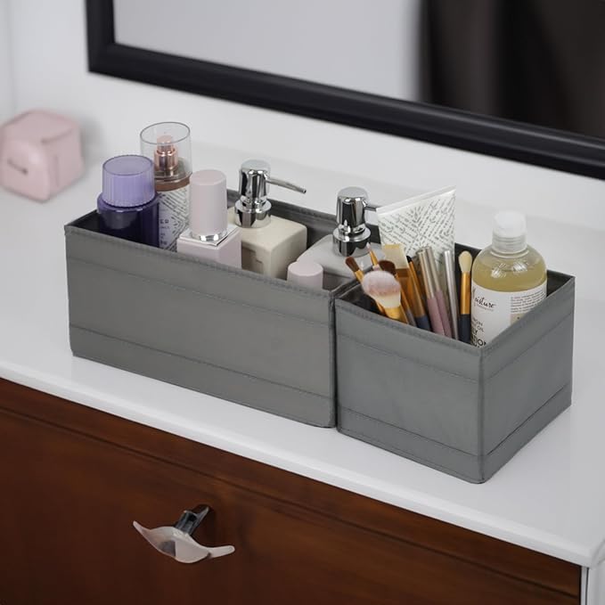 Washable Cloth Drawer Organizer, Set of 4 Foldable Sock Dresser Drawer Organizers Storage Boxes, Fabric Storage Boxes Closet Cabinet Organizer for Clothes (Gray, S+2M+L)