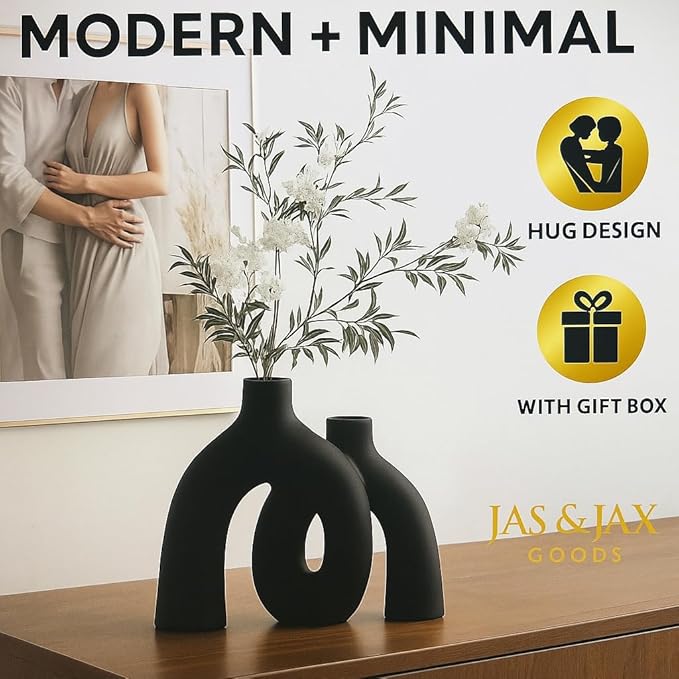 Matte Black Ceramic Vase Set - Modern Hug Donut Ceramic Vases by JAS & JAX GOODS, Minimalistic Nordic Home Decor Centerpiece for Console Tables, Living Room, Bookshelf, or Fireplace Mantel