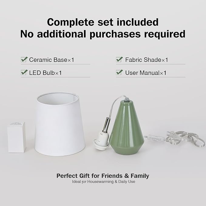 Small Bedside Table Lamp for Bedroom - Reading Desk Lamp with 3 Color Temperatures，15.5" Nightstand Ceramic Lamp with Fabric Shade for Kids Room,Living Room,Dorm,Home Office (Green+White)