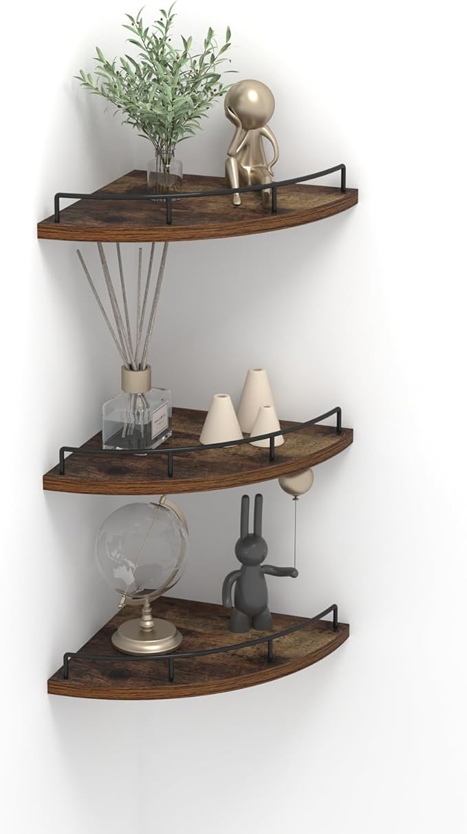 Trwcrt Corner Shelf Wall Mounted Set of 3, Floating Wall Shelves Rustic Wooden Storage Shelves for Bedroom, Living Room, Bathroom, Brown