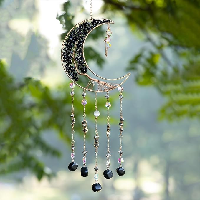 Agate Moon Dream Catchers with Crystal 7 Chakra Gemstone Dream Catchers Color Natural Gem Agate Wall Hangings Room Garden Dreamcatchers Decor (Black)