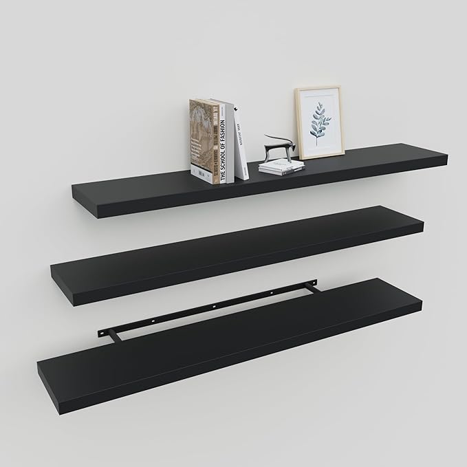 Upassion Floating Shelves for Wall Set of 3, 36" Black Wall Shelves for Home Decor, Frame Display Black Floating Shelf for Living Room, Bedroom, Bathroom, Kitchen