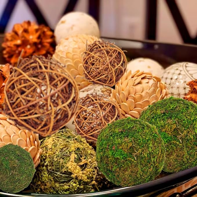 Decorative Balls for Centerpiece Bowls, 18pcs Fake Moss Balls + Wicker Rattan Balls Set Vase Bowl Filler for Home Garden Wedding Party Decor (Fresh Green + Rustic Brown)