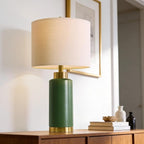 USumkky 25" Green Ceramic Table Lamp Set of 2, Modern Mid-Century Bedside Nightstand Lamps for Bedroom Living Room, Linen Shade & Gold Metal Base, Rotary Switch E26 (Bulbs Excluded)