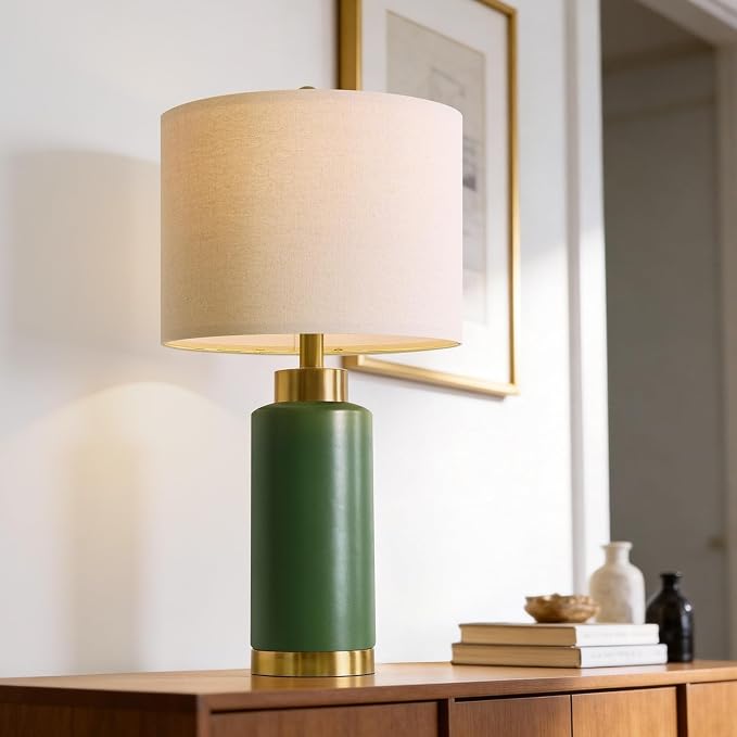 USumkky 25" Green Ceramic Table Lamp Set of 2, Modern Mid-Century Bedside Nightstand Lamps for Bedroom Living Room, Linen Shade & Gold Metal Base, Rotary Switch E26 (Bulbs Excluded)