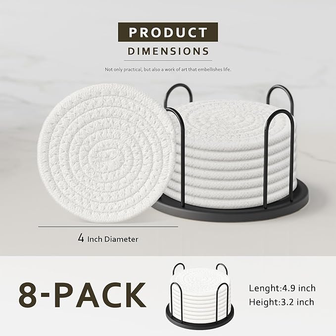 Lazebox Coasters Set of 8 for Drinks, 4 Inch Large Coasters for Coffee Table, Tabletop Protection for Hot & Cold Drinks, Versatile Coasters for Home Decor, Non-Slip & Easy to Clean, White