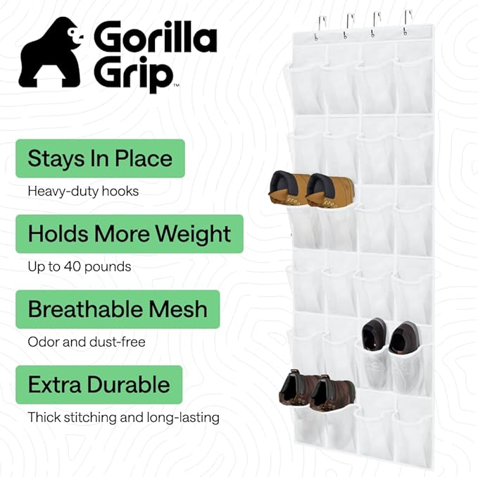GORILLA GRIP Over the Door Shoe Organizer, 24 Extra Large Breathable Mesh Pockets, Space Saving Hanging Storage Holder, 4 Hook Closet Rack Hanger, Hangs on Closets for Shoes and Accessories, White
