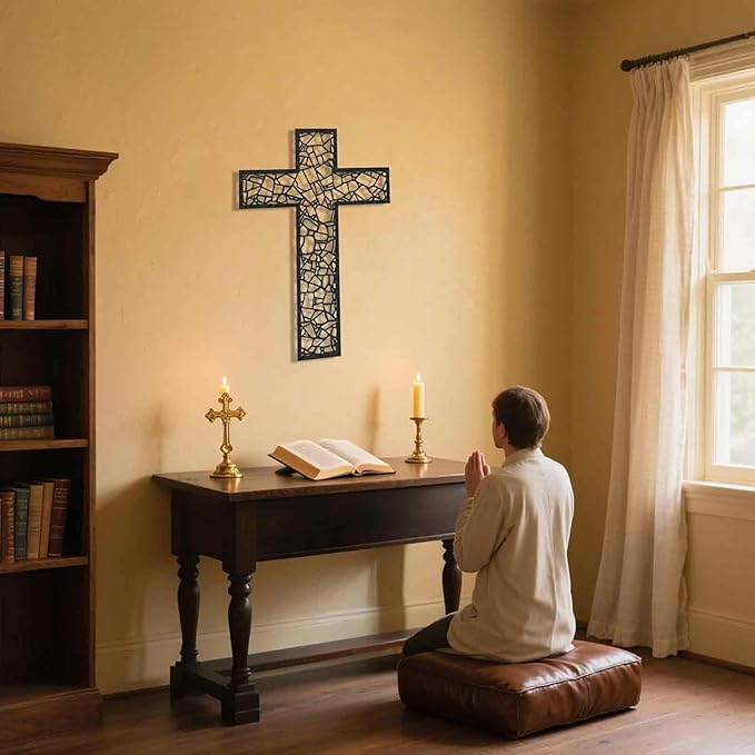 Black Metal Cross Wall Decor Iron Christian Cross for Home Church, Hollow Out Artistic Hanging Ornament, Crosses Wall Decor for Living Room, Bedroom, Decorative Thankful Religious Gift 11.8x7.9 inch