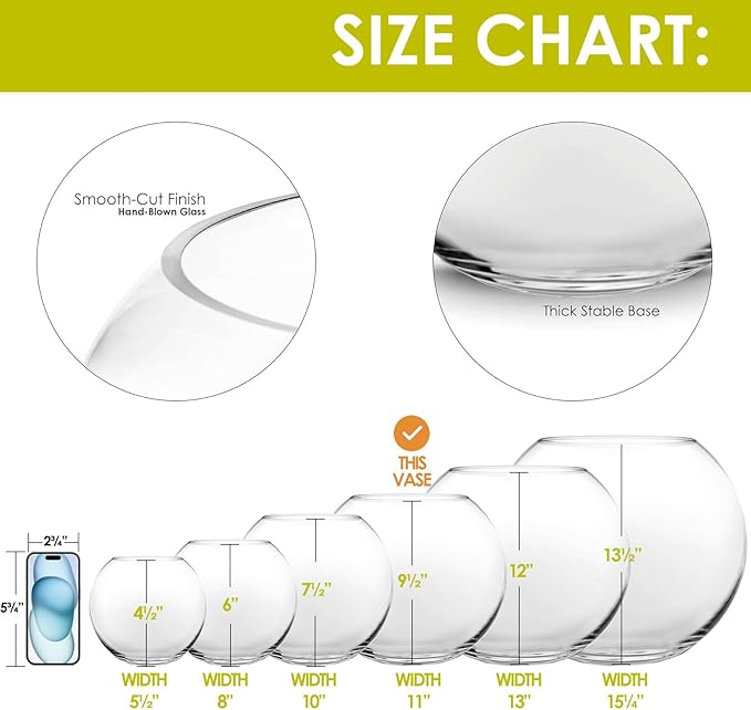 CYS EXCEL Large Glass Bubble Bowl (H-9.5" W-11", Approx. 3 Gal.) | Multiple Size Choices Fish Bowl Vase | Glass Round Bowl Terrarium | Globe Flower Vase Centerpiece