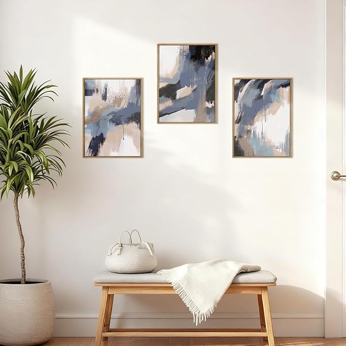 BINCUE Blue Neutral Wall Art Framed Modern Abstract Artwork Blue Abstract Wall Decor Modern Blue Wall Paintings Abstract Neutral Wall Pictures for Living Room Bedroom Office Bathroom 12" Lx16 W Set of 3
