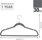 MIZGI Premium Velvet Hangers (30 Pack) Heavy Duty - Non Slip - Velvet Suit Hangers Gray - Copper/Rose Gold Hooks,Space Saving Clothes Hangers (Gray)