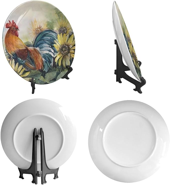 Rooster Decorative Ceramic Plates, 10 Inch, Sunflower Rooster Round Display Plate, Table Top Plate Decor with Stand, for Kitchen Party Coffee Table Decor Art
