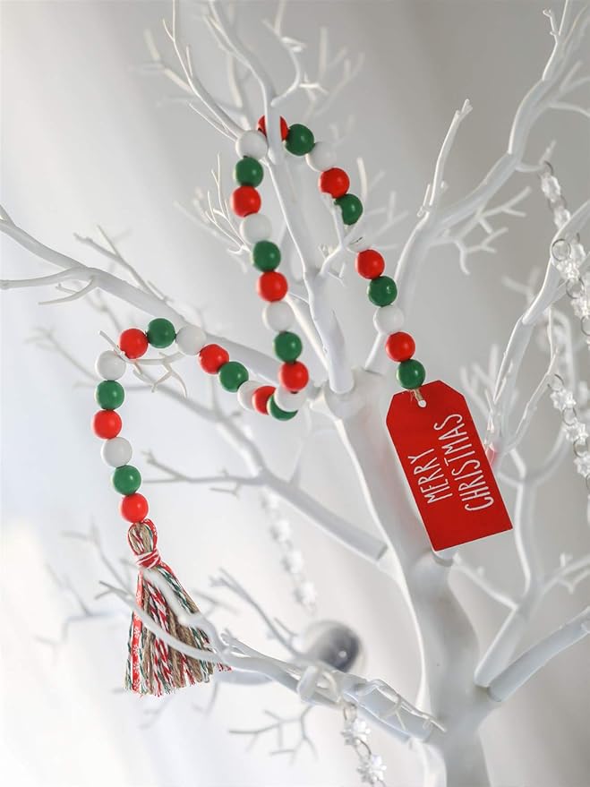 Christmas Wood Bead Garland with Tassels, Rustic Farmhouse Tiered Tray Holiday Decorations, Red and White Wooden Bead with Jute Rope Plaid Tassel, Country Xmas Home Decor (Xmas Red & Green & White)