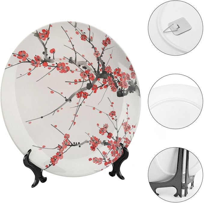 Japanese Spring Theme Decorative Ceramic Plate Round Porcelain Plate,Plum Tree Blossoms Pattern,for Decorative Ornaments Giving Plates, 1 Plate with 1 Display Stand,Red Beige,10 inch