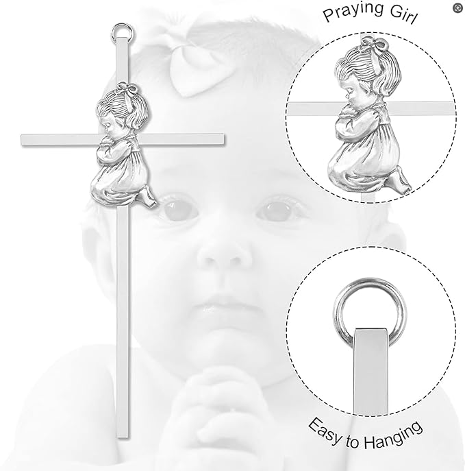 Tryuunion Baby Wall Cross Baptism Gifts for Boys and Girl, 7-inch Blessing Boy Baptism Crosses for First Holy Communion Christening and Dedication Baptismal Gifts (Silver Girl-7 in)
