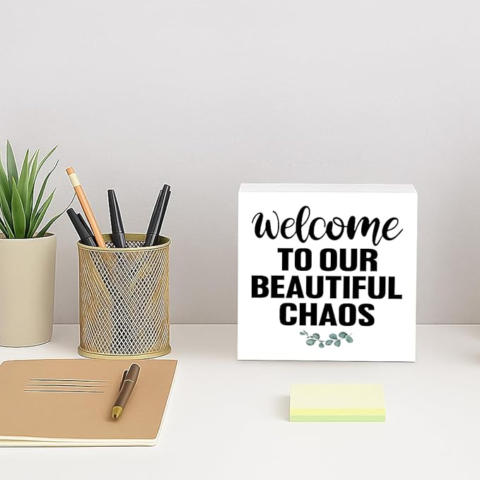 Farmhouse Home Decor, Welcome To Our Beautiful Chaos Wooden Sign, Living Room Wall Art, Family Room Signs, Housewarming Gift, Box Sign Decor Tabletop, Hallway Decoration, 5.1x5.1inches