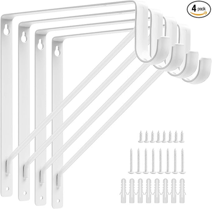 4PCS Heavy Duty White Closet Rod Brackets 11 x 11 Inch,1-3/8Inch Diameter Shelf and Rod Bracket Holder for Home and Closet Decor, Wall Mount Closet Pole Supports Bracket Hook with Screws