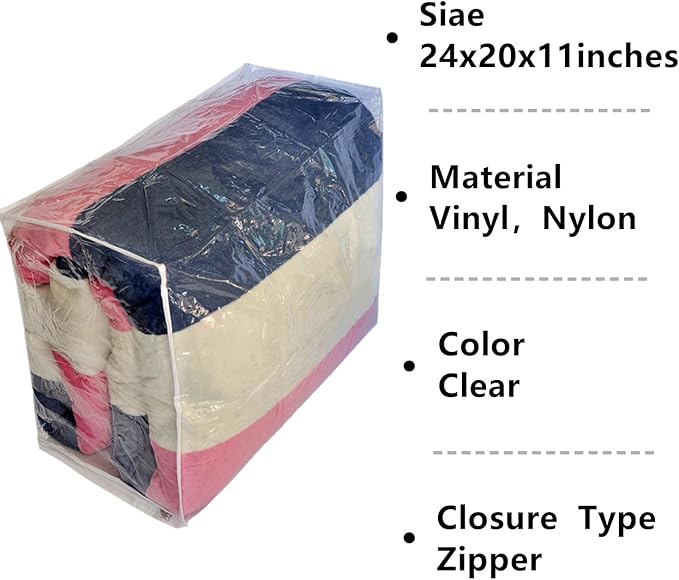 Clear Vinyl Storage Bags with Zipper 24x20x11 Inch, Clothes Bag Organizer, Space Saver PVC Comforter Clear Storage Bags for Blanket, King Size Pillows Storage,Linen Storage (3 Pack)