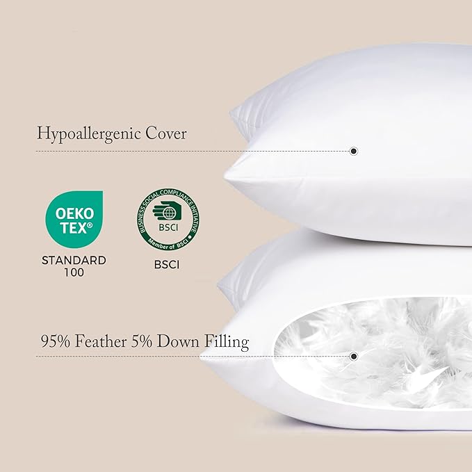 puredown® Feather Down Throw Pillow Inserts 22 x 22 (Pack of 2, White), Big Throw Pillows for Floor, Couch, Bed, Machine Washable