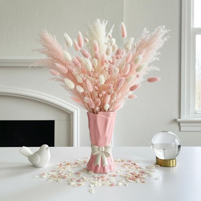 Pink Bow Vase, Hot Pink Flower Vase for Home Decor, Ceramic Vases for Boho Style, Small Cute Vases for Ideal Shelf Decor/Table/Living Room. (Pink 6, Large)