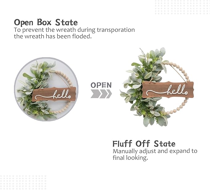 Green Wreath for Front Door, Wood Bead Wreaths with Artificial Lambs Ears Leaves, Hello and Welcome Door Sign Wreath for Home Decor, Spring Summer Green Leaf for Wedding Decor