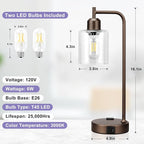 Innqoo Industrial Touch Table Lamps - 3-Way Dimmable Desk Lamps Set of 2 with USB C+A Ports and Outlet, Brown Bedside Lamps with Clear Glass Shade for Living & Bedrooms