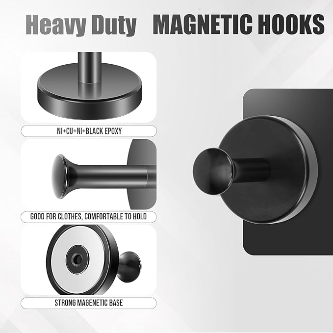 Neosmuk Magnetic Coat Hook,170lb Strong Extra Heavy Duty Magnet Hooks,Magnetic Wreath Hanger/Holder for Metal Doors,Purse,Towel,Stocking,Cruise Cabin,Black,6 Pack