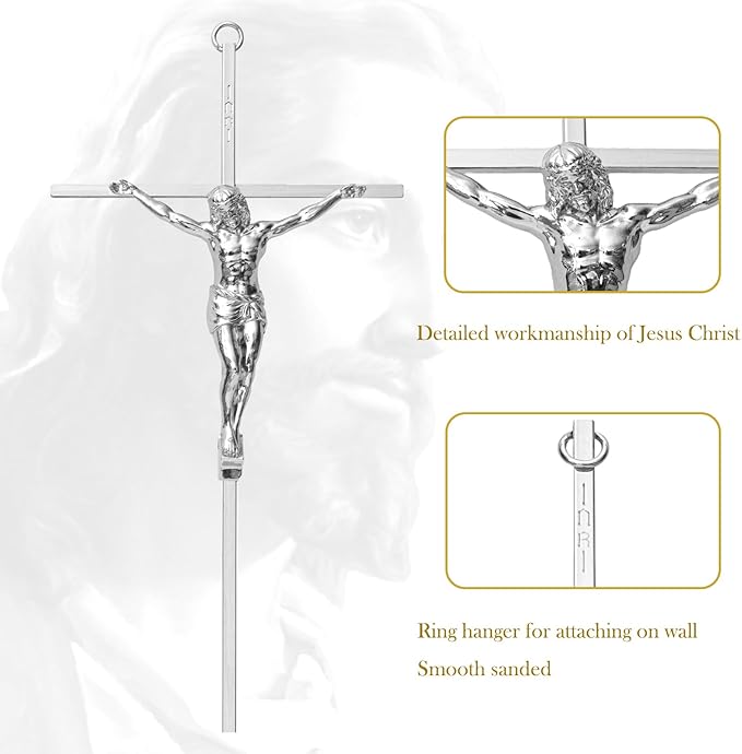 KUXBET Crucifix Wall Cross, Metal Wall Hanging Cross,10inch Silver Jesus Crucifix Home Décor, Gift for Family