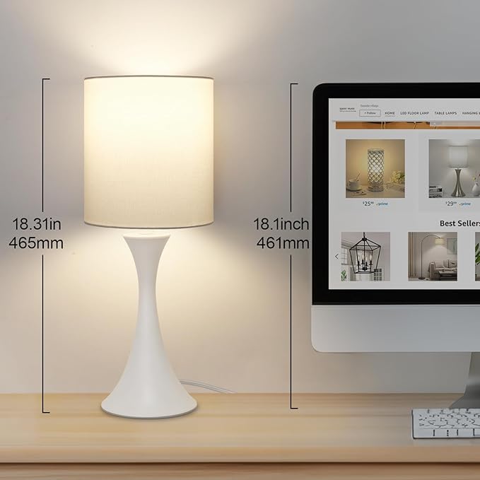Modern Table Lamps, 3 Way Touch Control Table Lamp, Dimmable Desk Lamp, White Nightstand Lamp with Fabric Shade, Small Bedside Lamp for Living Room, Dorm,Home Office, LED Bulb Included