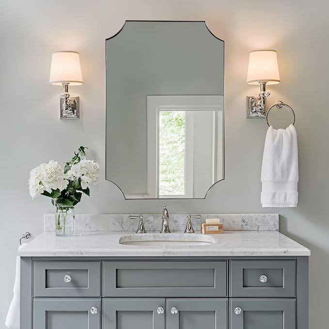 ANDY STAR Brushed Nickel Mirror 24x36 Inch, Scalloped Bathroom Mirror, Silver Vanity Mirror in Anti-Rust Stainless Steel Metal Thin Frame Deep 1’’, Wall-Mounted Mirror (Horizontal/Vertical)