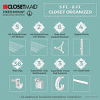 ClosetMaid 5037 5Ft. To 8Ft. Fixed Mount Closet Organizer Kit, White