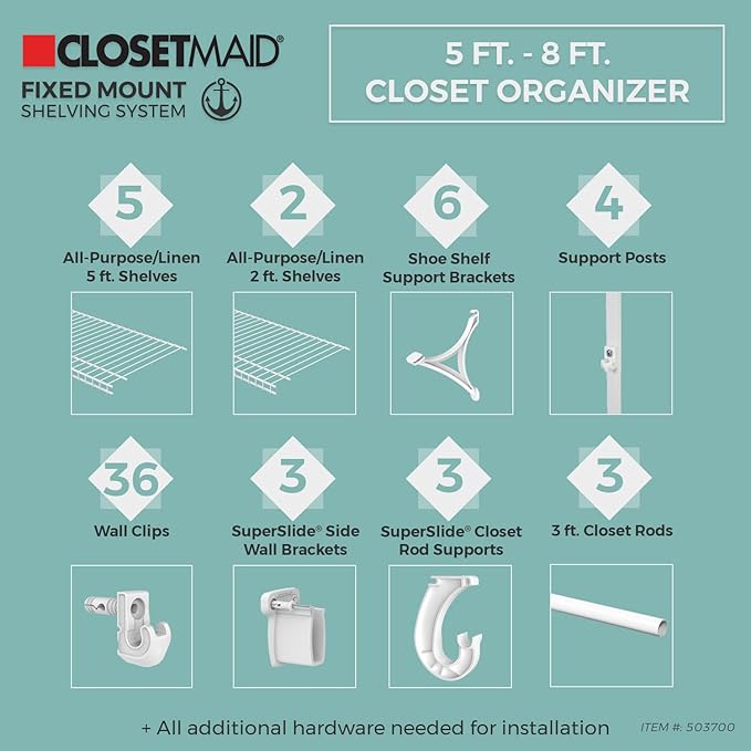 ClosetMaid 5037 5Ft. To 8Ft. Fixed Mount Closet Organizer Kit, White