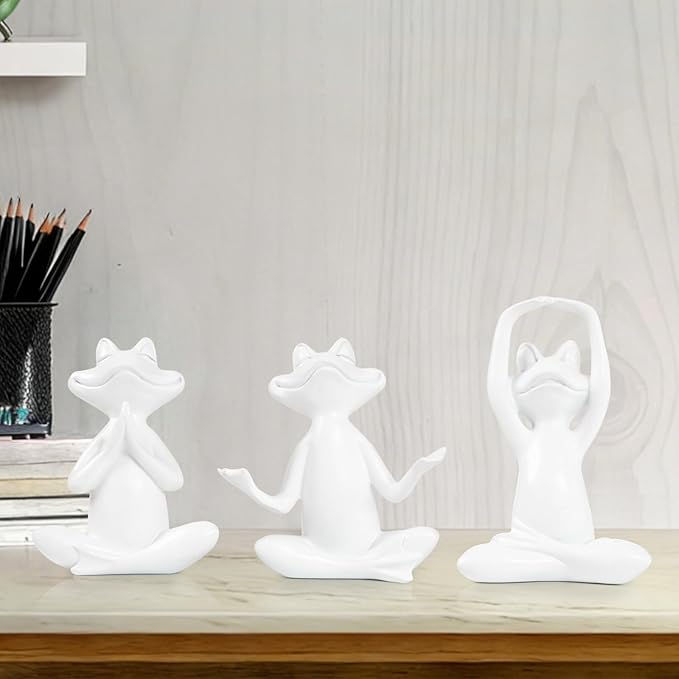 Suoedd White Frog Figurines Yoga Decor Set of 3 –Frog Yoga Statues for Modern Living Room Table Office Bookshelf Shelves Home Sculptures Decor