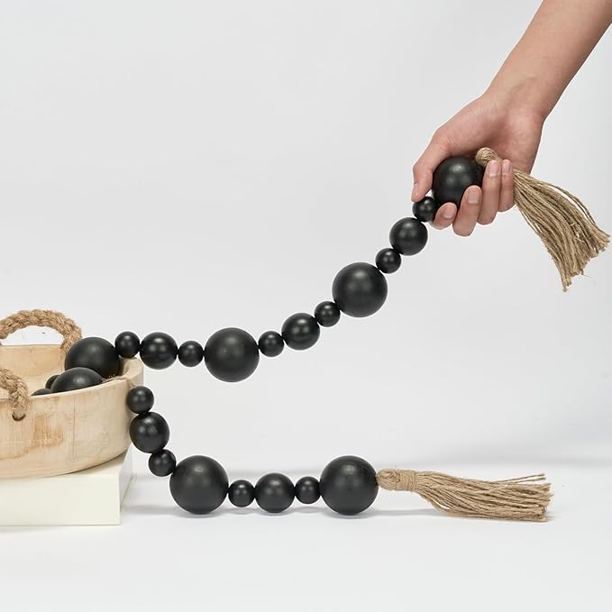 2" Extra Large Wood Bead Garland with Tassels, 44" Long Rustic Farmhouse Wooden Beads Garland, Decorative Beads Boho Decorations for Home Table Mantle Black