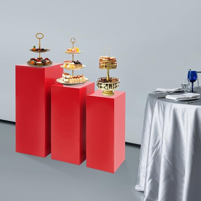 3 PCS Display Pedestal Stand, Metal Display Pedestal Stands Decoration Cube Sculpture Displays Column Square Displays Stands Pillars for Wedding Party Baby Shower Birthday (Red, 3PCS)