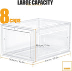 Hat Organizer Box, Stackable Clear Baseball Caps Holder Box Containers with Magnetic Door for Hats Snapback Cap Storag, Hat Rack Display Case, Holds 8 Hats Each (Clear, 6 Pack)