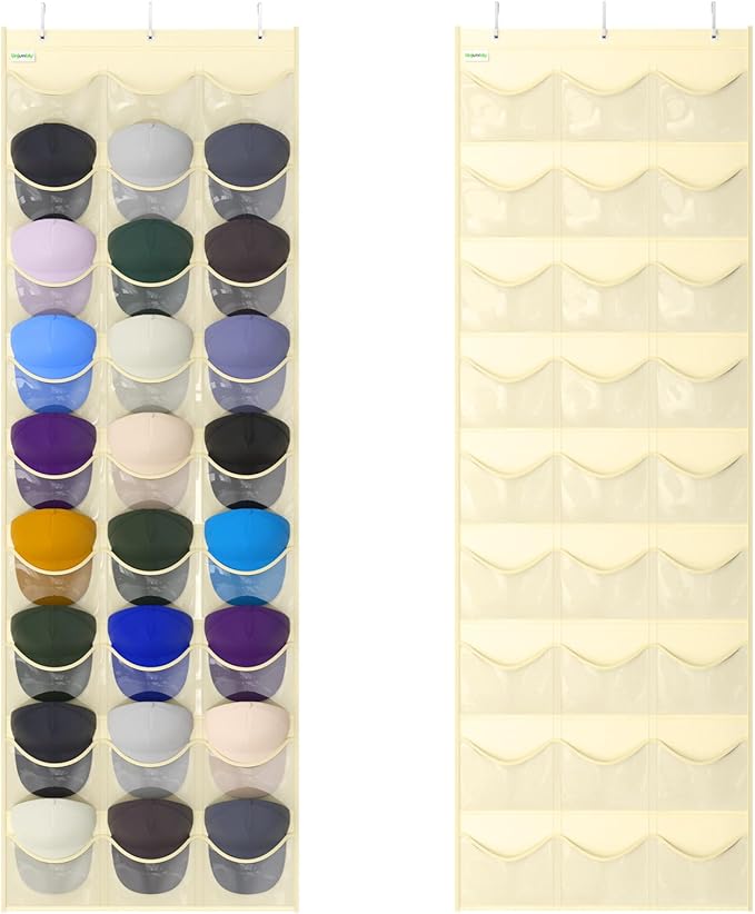 Unjumbly Baseball Hat Rack, 27 Pocket Over-The-Door Hat Organizer with Clear Deep Pockets to Display Baseball Caps Collection, Complete with 3 Over Door Hooks (Beige, 27 Pockets)