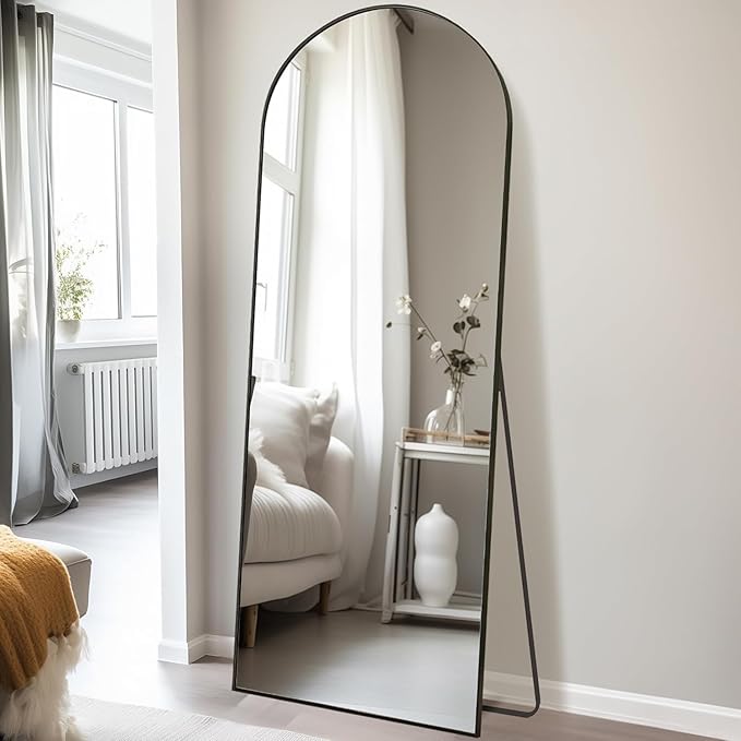 Dewfig Arched Full Length Mirror, 64"x20" Gold Mirror with Stand, Full Body Mirrors for Leaning Against or Wall Mounted, Large Floor Mirrors for Bedroom, Living Room, Black